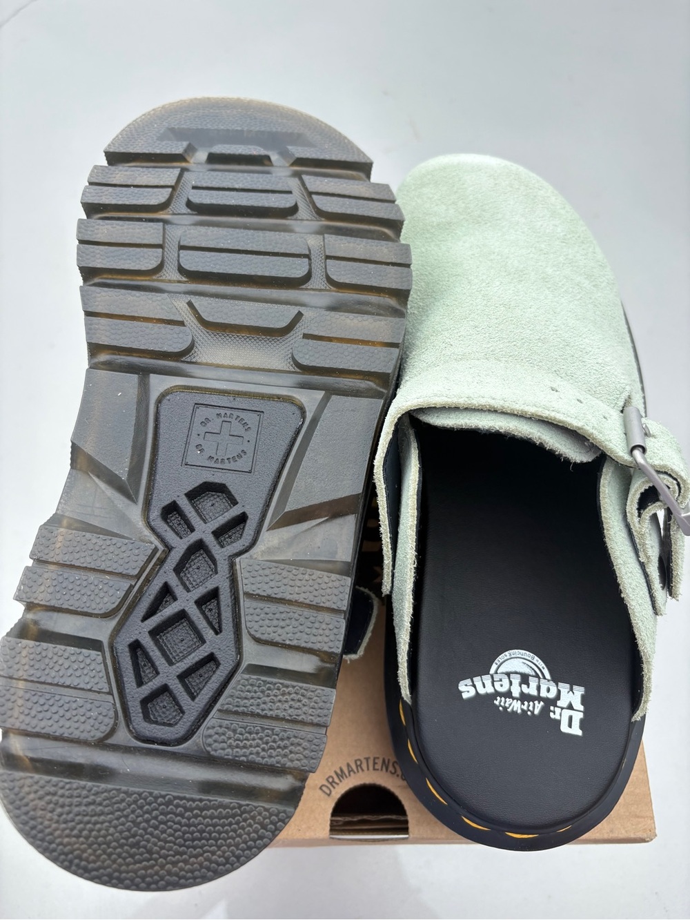 Dr. Martens Mint Green Suede Clog Mules with Buckle - Picture 2 of 4